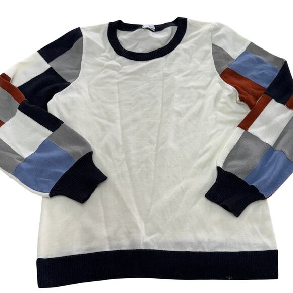Ecru Sweater Womens Large White Colorblock Sleeve Crew Neck Knit - Picture 1 of 8